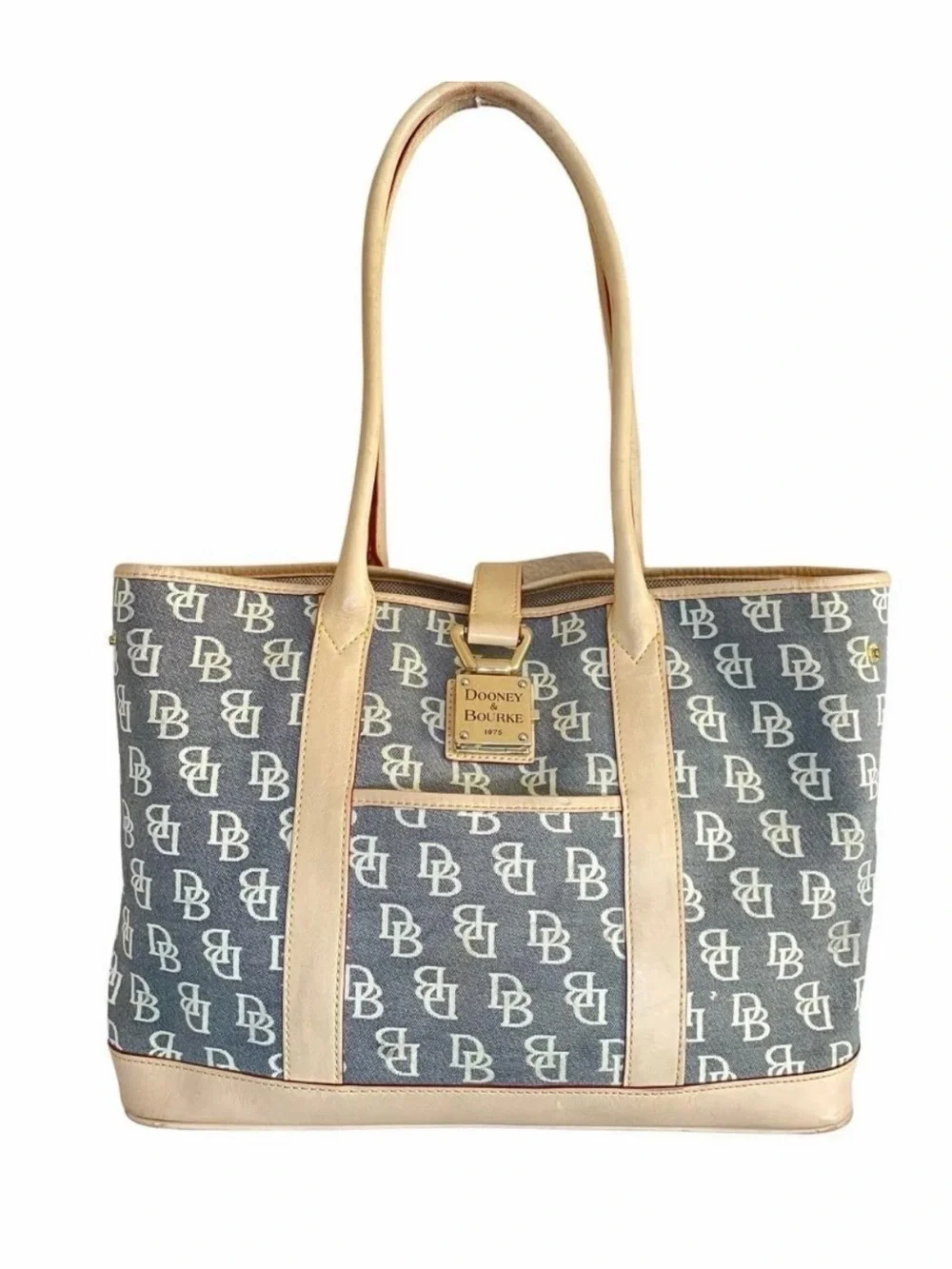 Dooney & Bourke Tote Bag Womens Large Gray Monogram Canvas Leather Shoulder